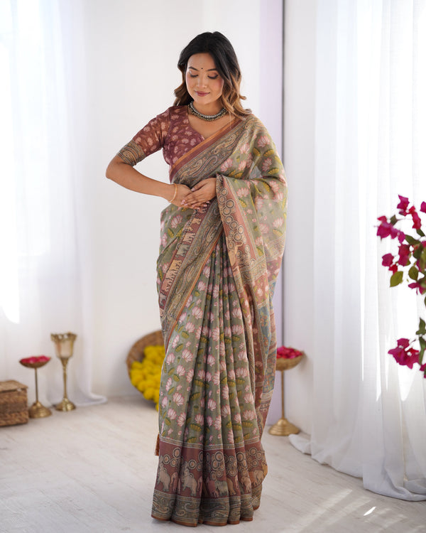Olive Green Pure Linen Cotton Handloom Saree with Pink Lotus Motifs & Maroon Blouse LINEN HANDLOOM
