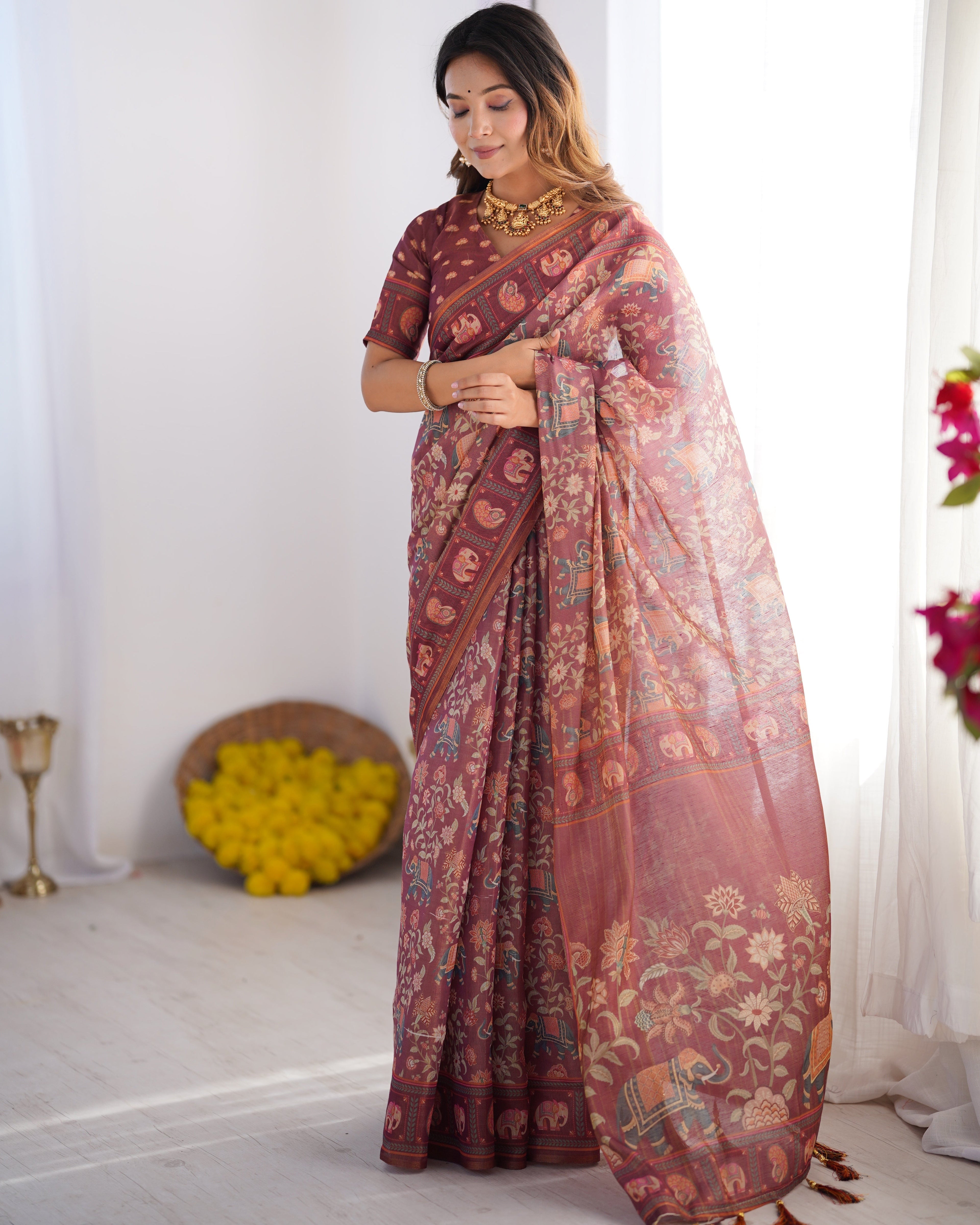 Maroon Pure Linen Cotton Handloom Saree with Elephant & Floral Folk Art LINEN HANDLOOM
