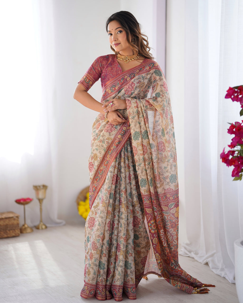 Cream & Pink Handloom Cotton Saree with Pastel Floral Print and Ornamental Tree Pallu LINEN HANDLOOM