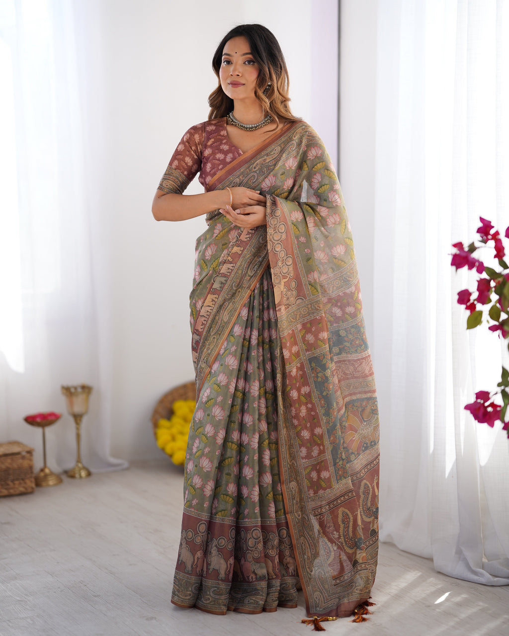 Olive Green Pure Linen Cotton Handloom Saree with Pink Lotus Motifs & Maroon Blouse LINEN HANDLOOM