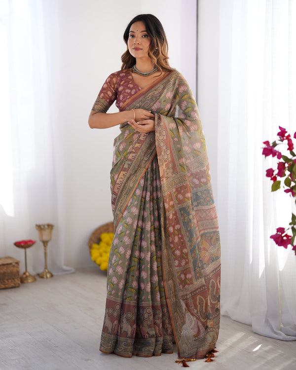 Olive Green Pure Linen Cotton Handloom Saree with Pink Lotus Motifs & Maroon Blouse LINEN HANDLOOM