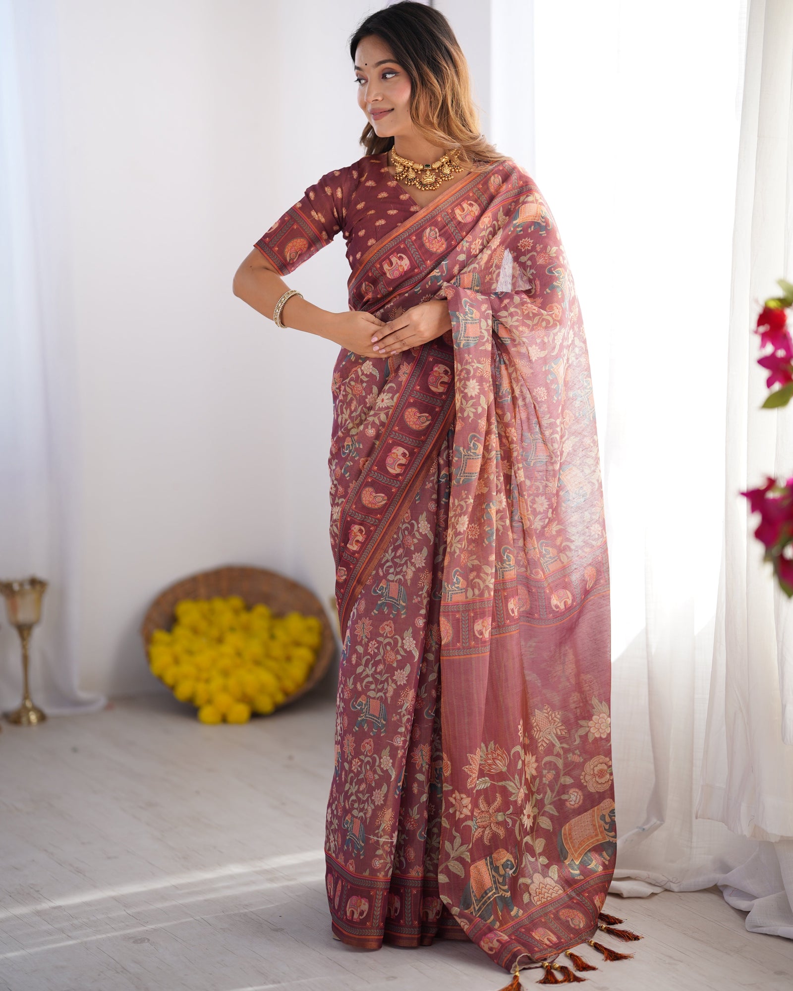 Maroon Pure Linen Cotton Handloom Saree with Elephant & Floral Folk Art LINEN HANDLOOM