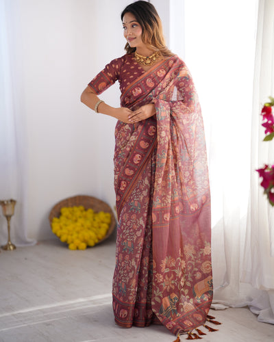 Maroon Pure Linen Cotton Handloom Saree with Elephant & Floral Folk Art LINEN HANDLOOM