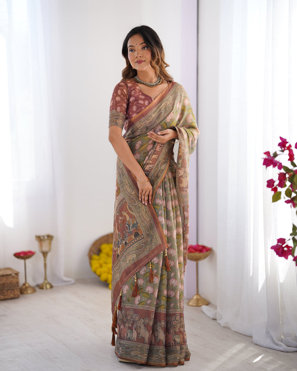 Olive Green Pure Linen Cotton Handloom Saree with Pink Lotus Motifs & Maroon Blouse LINEN HANDLOOM