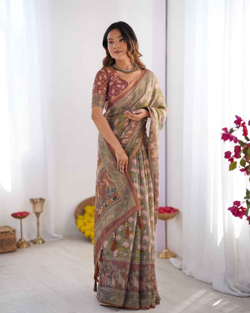 Olive Green Pure Linen Cotton Handloom Saree with Pink Lotus Motifs & Maroon Blouse LINEN HANDLOOM