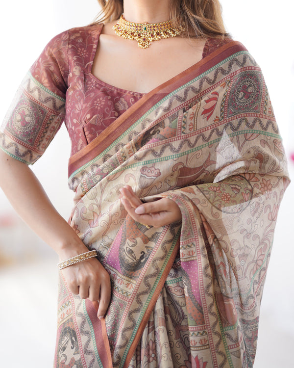 Beige & Maroon Handloom Cotton Saree with Royal Faces & Elephant Pallu Motif LINEN HANDLOOM