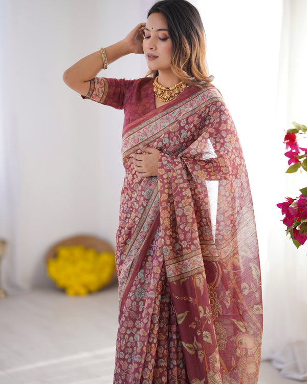 Maroon Pure Linen Cotton Handloom Saree with Elephant & Floral Folk Art LINEN HANDLOOM