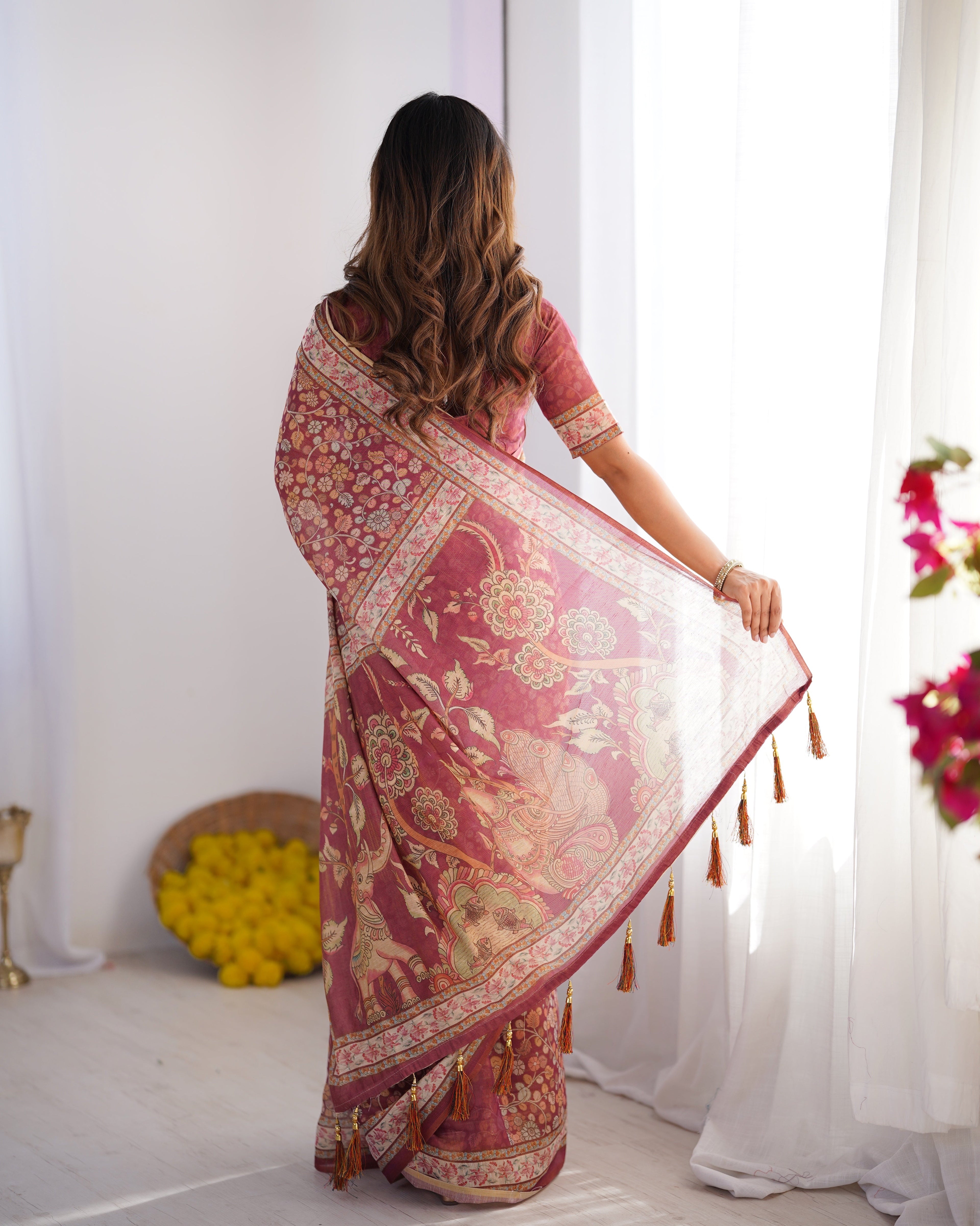 Maroon Pure Linen Cotton Handloom Saree with Elephant & Floral Folk Art LINEN HANDLOOM