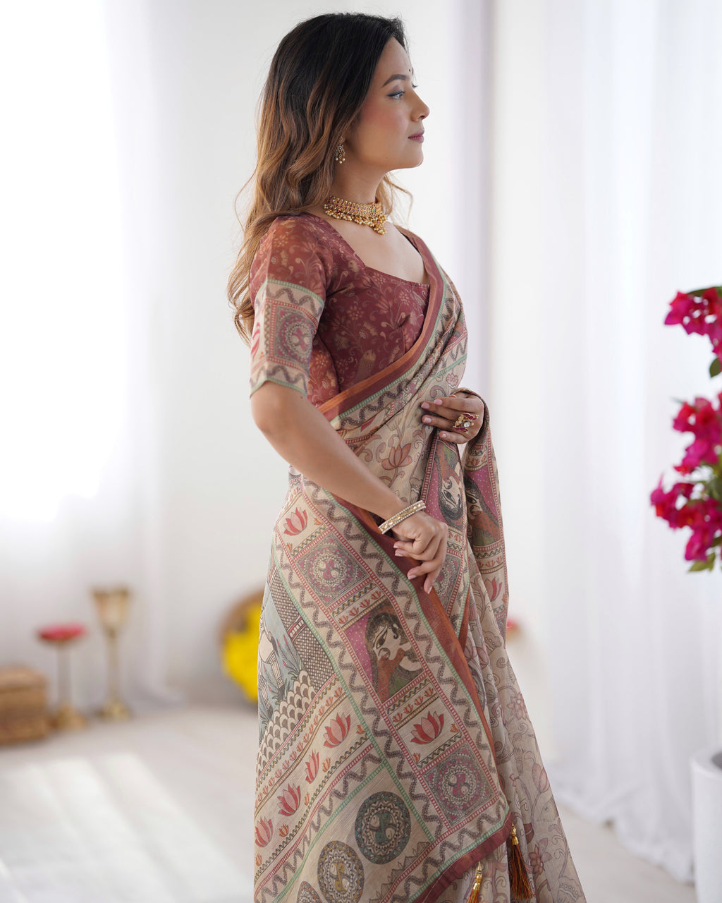 Beige & Maroon Handloom Cotton Saree with Royal Faces & Elephant Pallu Motif LINEN HANDLOOM