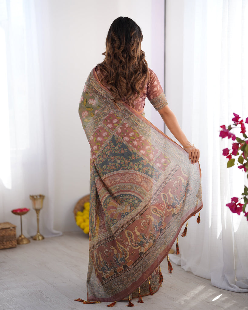 Olive Green Pure Linen Cotton Handloom Saree with Pink Lotus Motifs & Maroon Blouse LINEN HANDLOOM