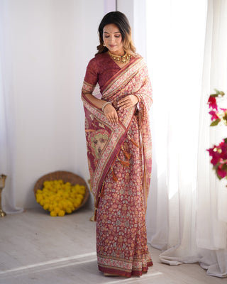 Maroon Pure Linen Cotton Handloom Saree with Elephant & Floral Folk Art LINEN HANDLOOM