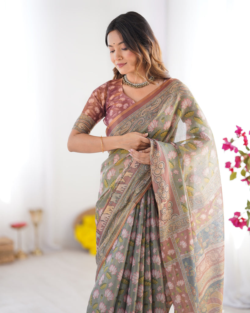Olive Green Pure Linen Cotton Handloom Saree with Pink Lotus Motifs & Maroon Blouse LINEN HANDLOOM