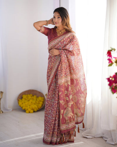 Maroon Pure Linen Cotton Handloom Saree with Elephant & Floral Folk Art LINEN HANDLOOM
