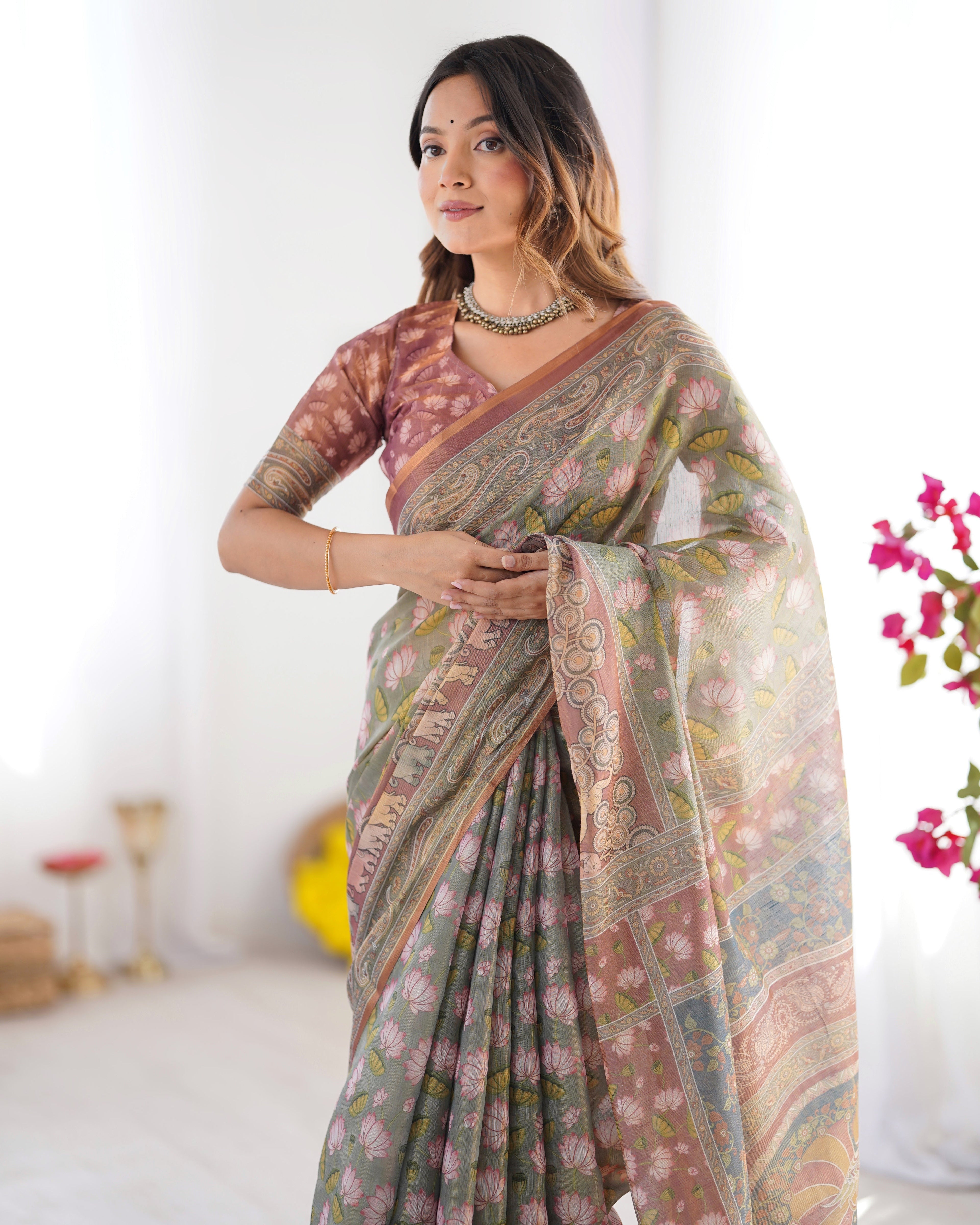 Olive Green Pure Linen Cotton Handloom Saree with Pink Lotus Motifs & Maroon Blouse LINEN HANDLOOM