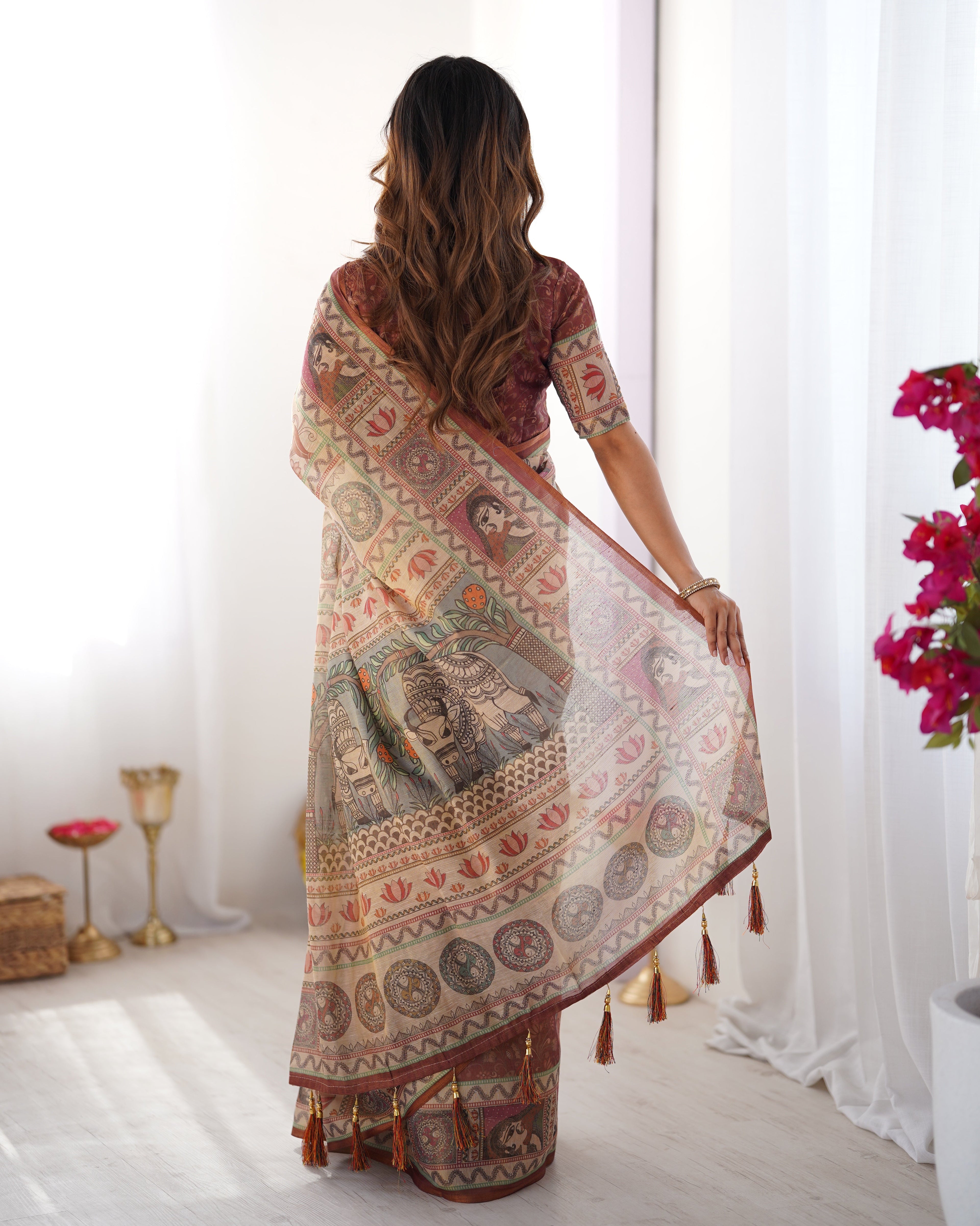 Beige & Maroon Handloom Cotton Saree with Royal Faces & Elephant Pallu Motif LINEN HANDLOOM