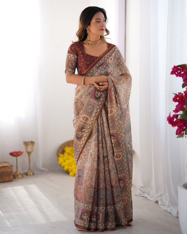 Beige & Maroon Handloom Cotton Saree with Royal Faces & Elephant Pallu Motif LINEN HANDLOOM