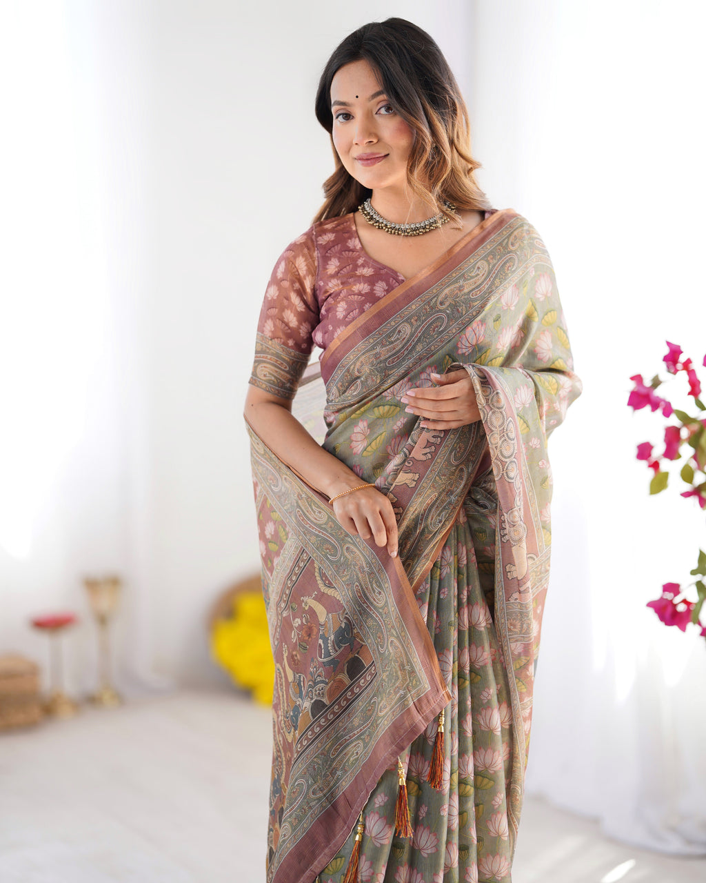 Olive Green Pure Linen Cotton Handloom Saree with Pink Lotus Motifs & Maroon Blouse LINEN HANDLOOM