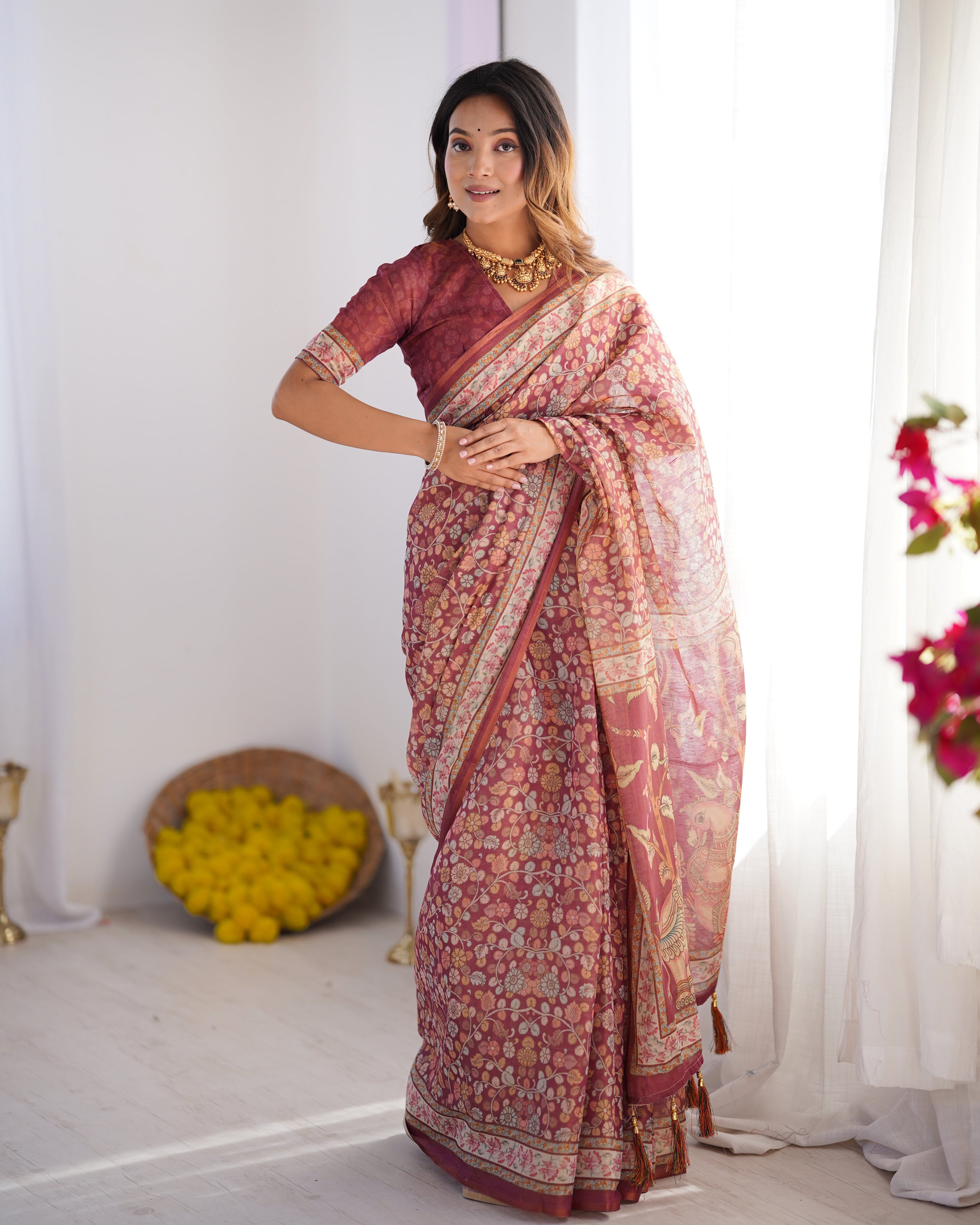 Maroon Pure Linen Cotton Handloom Saree with Elephant & Floral Folk Art LINEN HANDLOOM