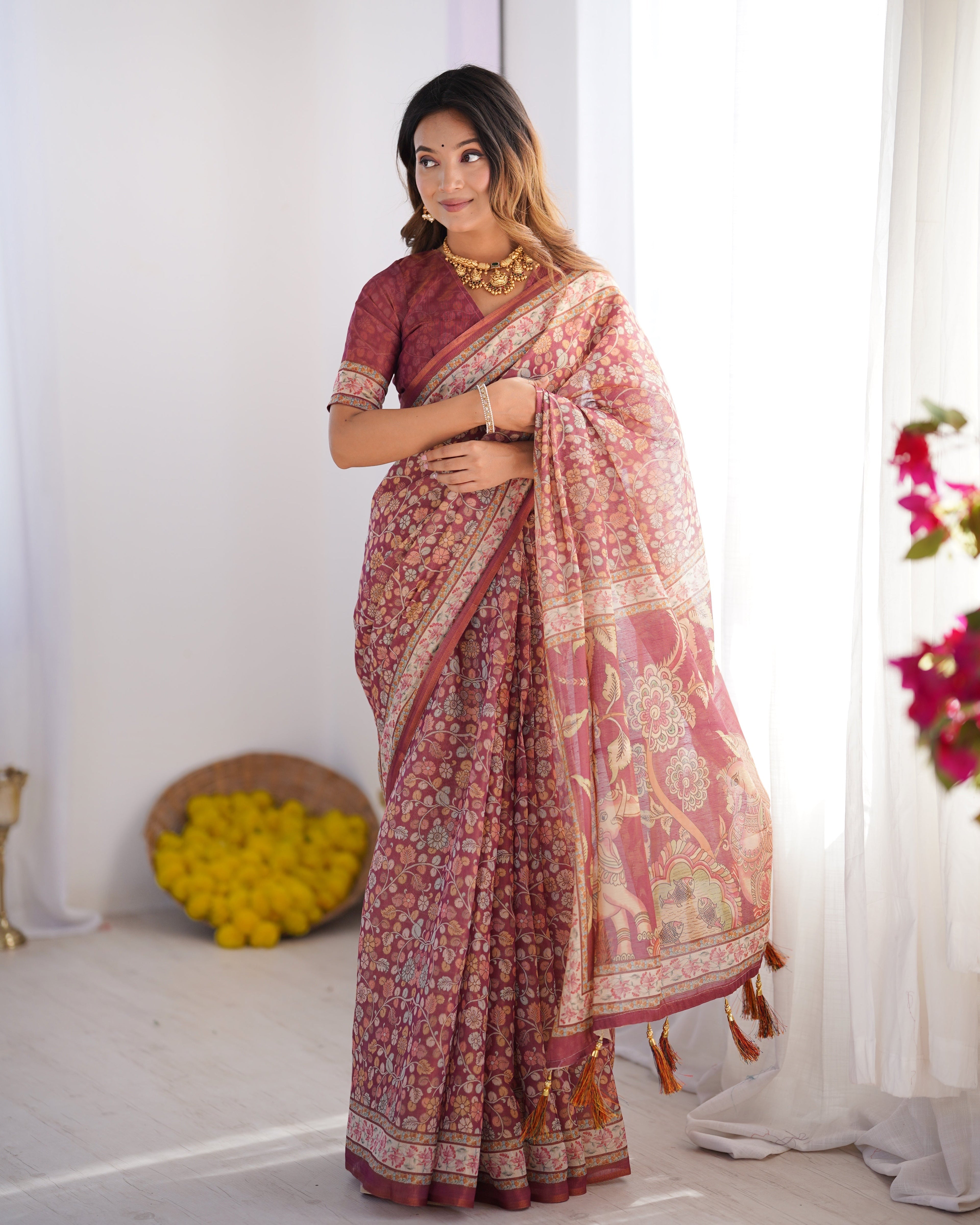 Maroon Pure Linen Cotton Handloom Saree with Elephant & Floral Folk Art LINEN HANDLOOM