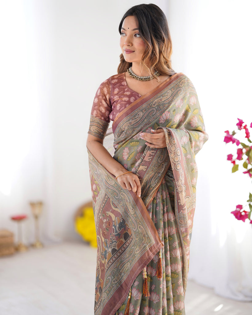 Olive Green Pure Linen Cotton Handloom Saree with Pink Lotus Motifs & Maroon Blouse LINEN HANDLOOM