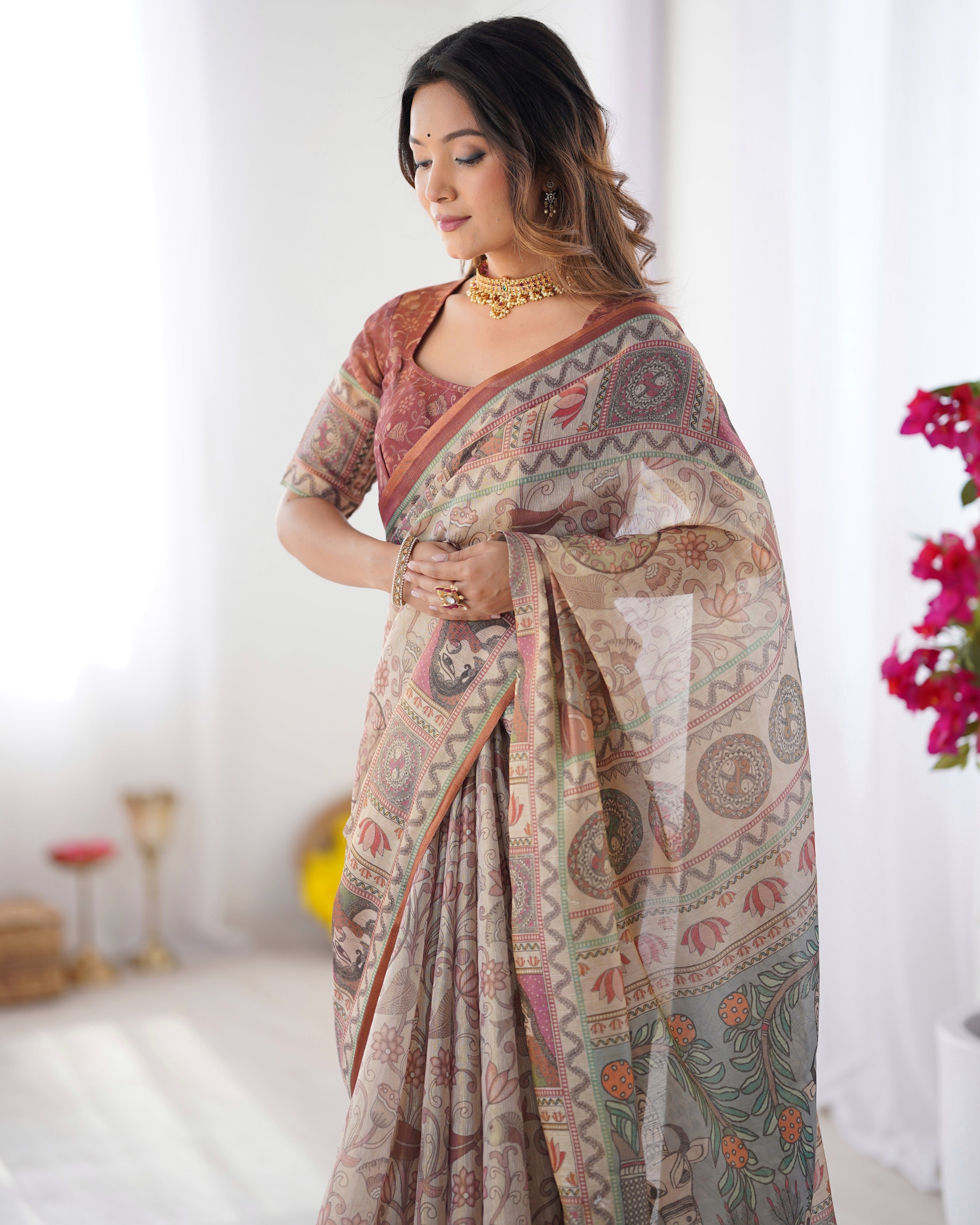 Beige & Maroon Handloom Cotton Saree with Royal Faces & Elephant Pallu Motif LINEN HANDLOOM