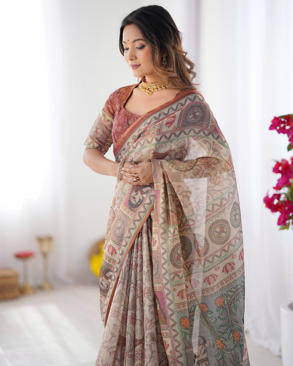 Beige & Maroon Handloom Cotton Saree with Royal Faces & Elephant Pallu Motif LINEN HANDLOOM