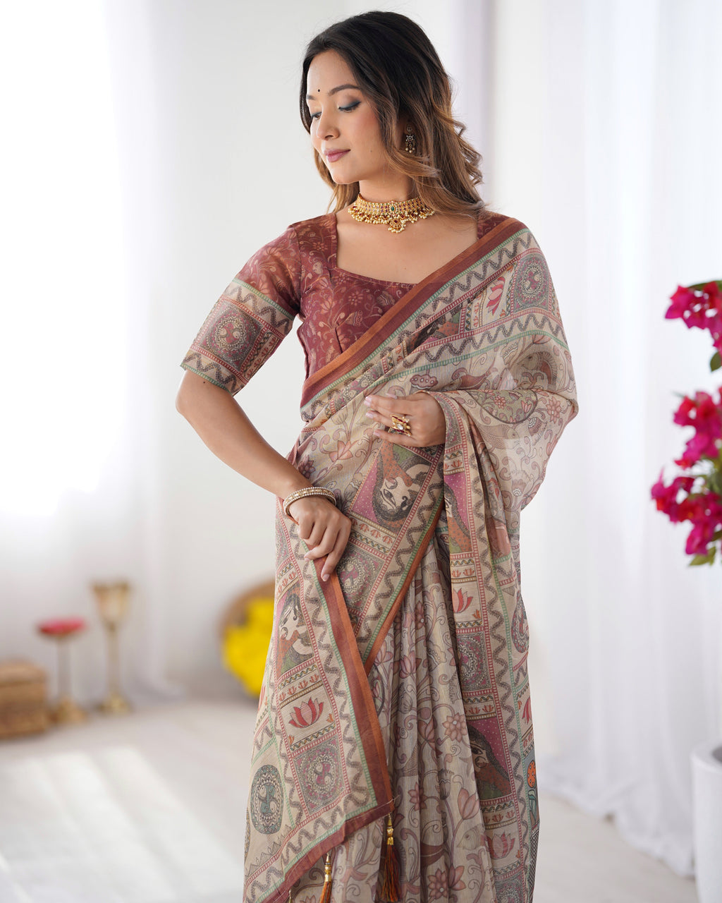 Beige & Maroon Handloom Cotton Saree with Royal Faces & Elephant Pallu Motif LINEN HANDLOOM