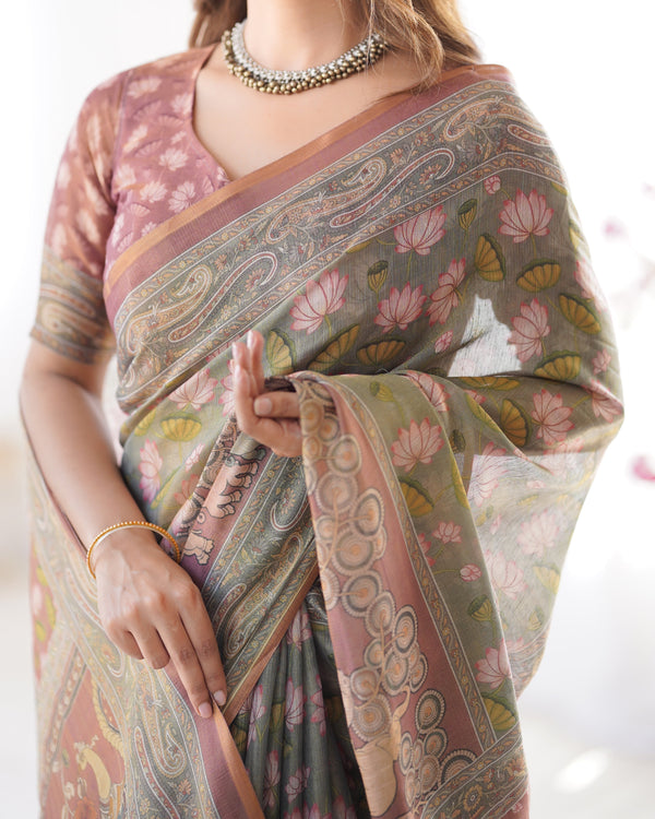 Olive Green Pure Linen Cotton Handloom Saree with Pink Lotus Motifs & Maroon Blouse LINEN HANDLOOM