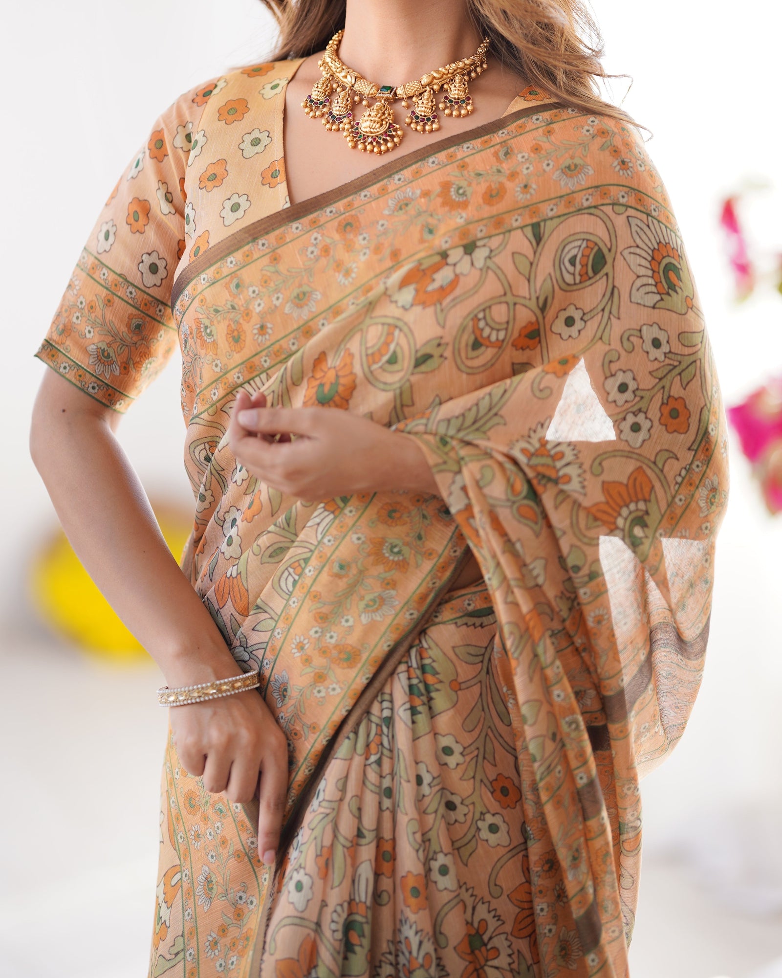 Peach Orange Pure Linen Cotton Handloom Saree with Floral Vine Print and Elegant Pallu Artwork LINEN HANDLOOM