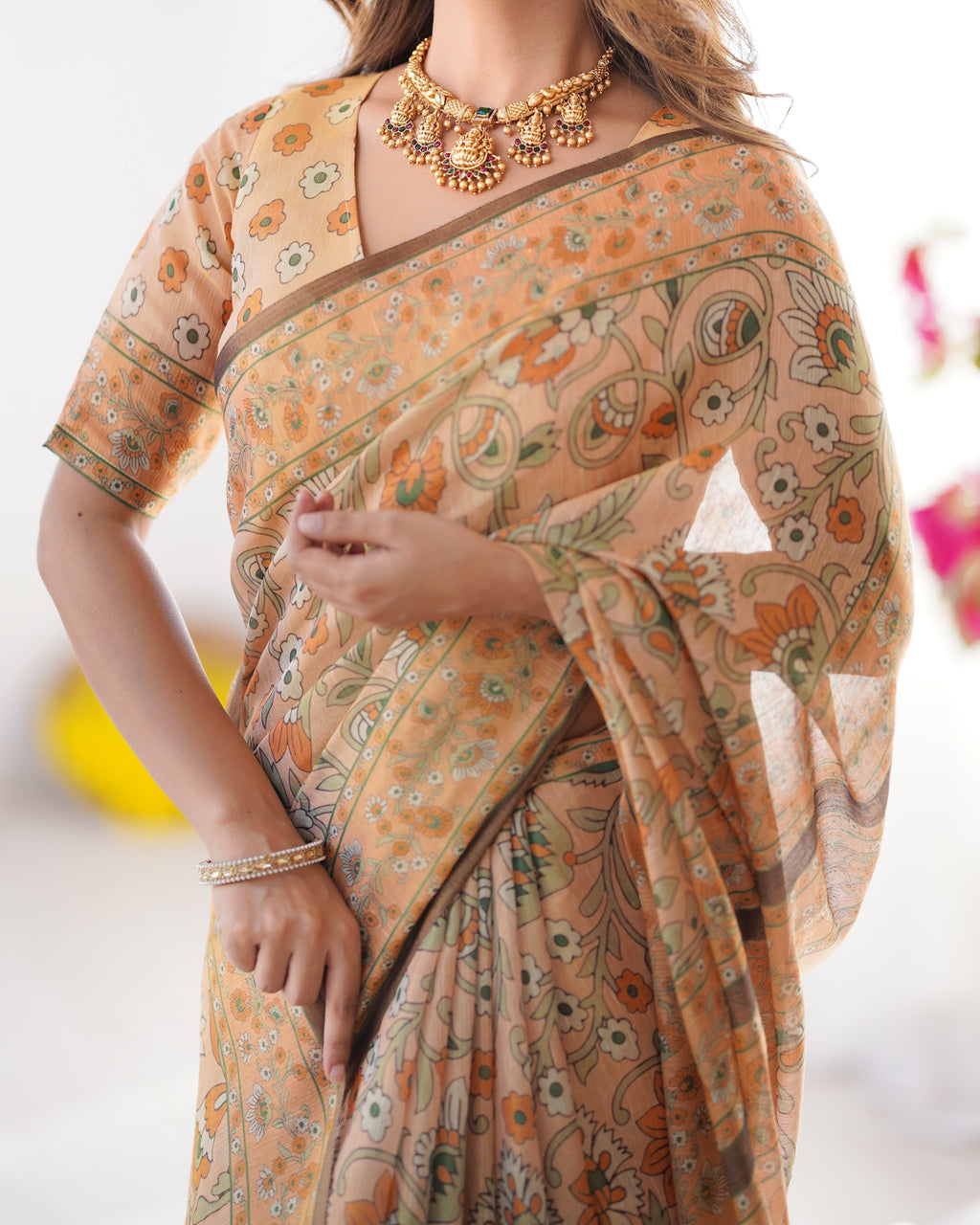 Peach Orange Pure Linen Cotton Handloom Saree with Floral Vine Print and Elegant Pallu Artwork LINEN HANDLOOM