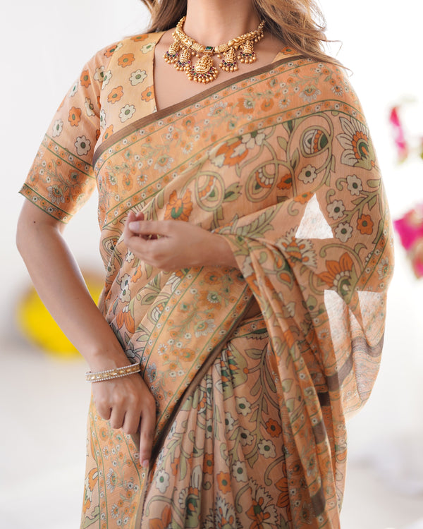 Peach Orange Pure Linen Cotton Handloom Saree with Floral Vine Print and Elegant Pallu Artwork LINEN HANDLOOM
