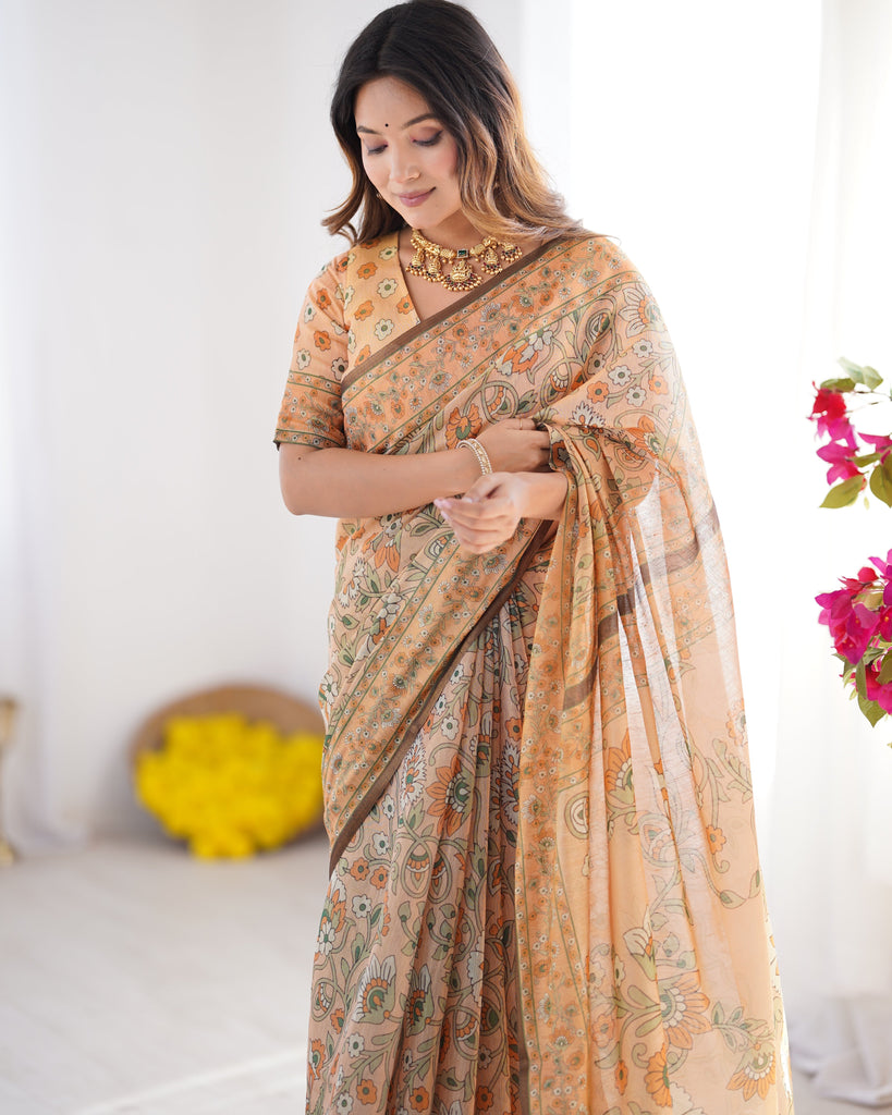 Peach Orange Pure Linen Cotton Handloom Saree with Floral Vine Print and Elegant Pallu Artwork LINEN HANDLOOM
