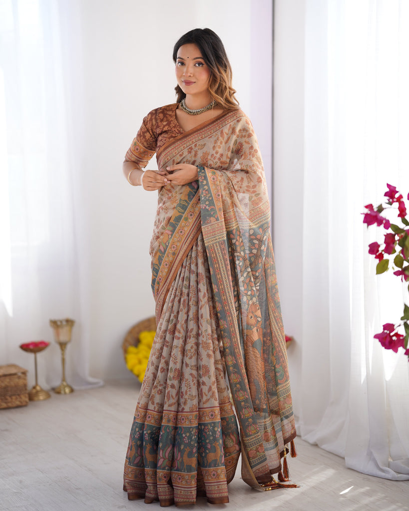 Beige & Rust Pure Linen Cotton Saree with Folk Animal Motif & Floral Print LINEN HANDLOOM