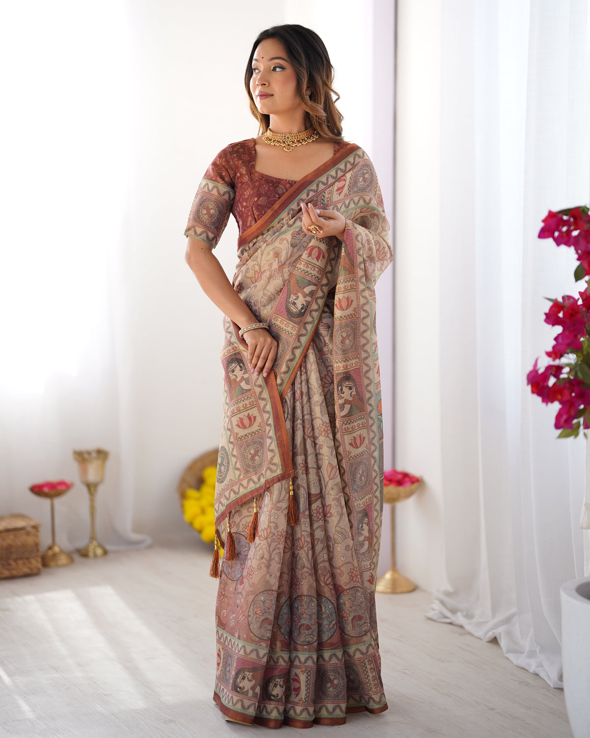Beige & Maroon Handloom Cotton Saree with Royal Faces & Elephant Pallu Motif LINEN HANDLOOM Main image