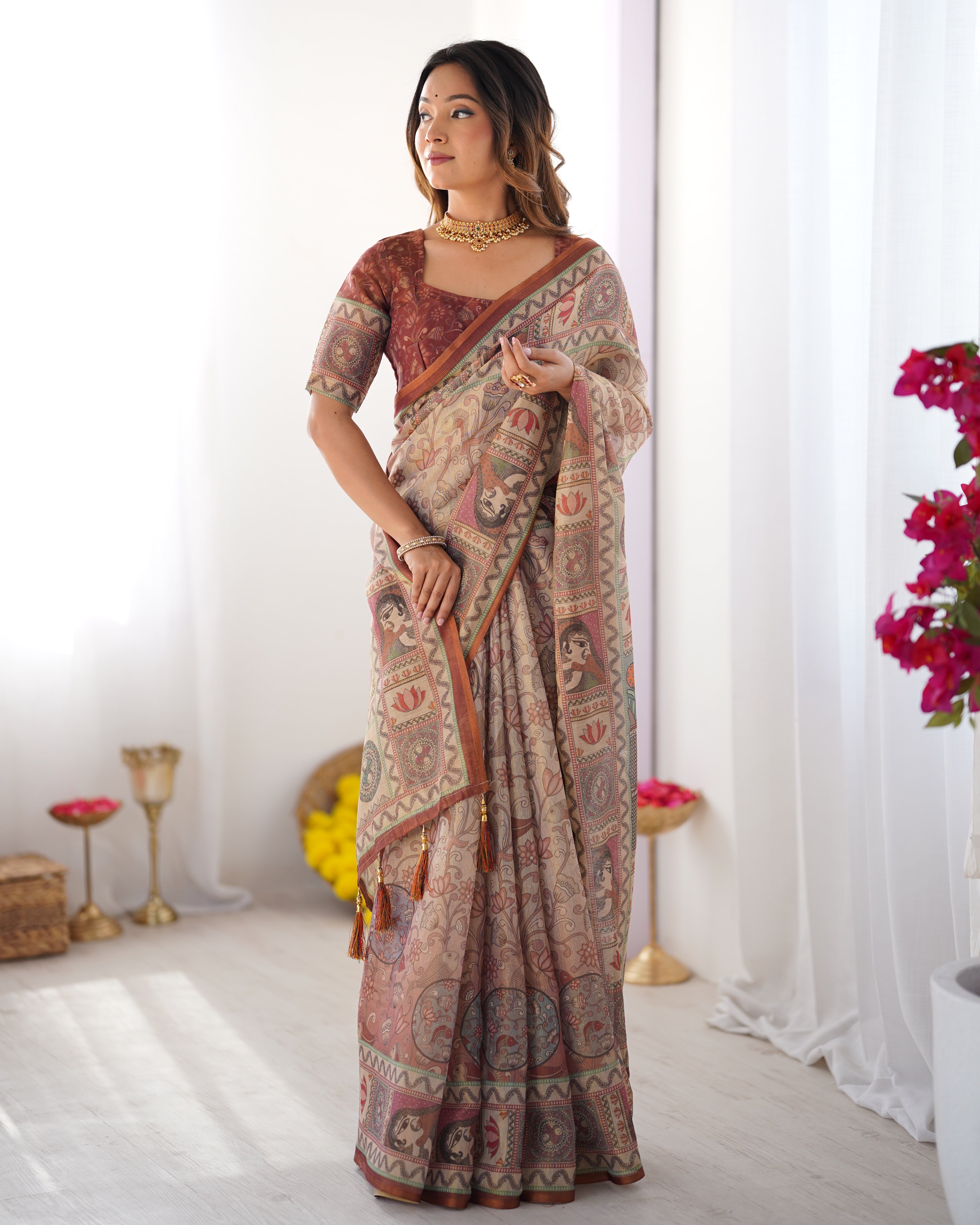 Beige & Maroon Handloom Cotton Saree with Royal Faces & Elephant Pallu Motif LINEN HANDLOOM Main image