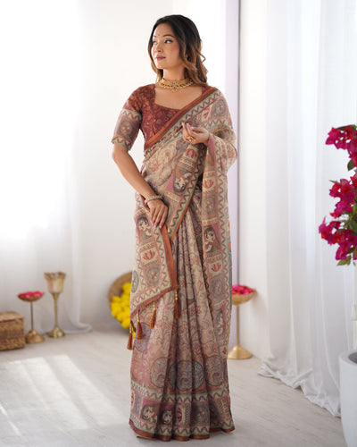 Beige & Maroon Handloom Cotton Saree with Royal Faces & Elephant Pallu Motif LINEN HANDLOOM
