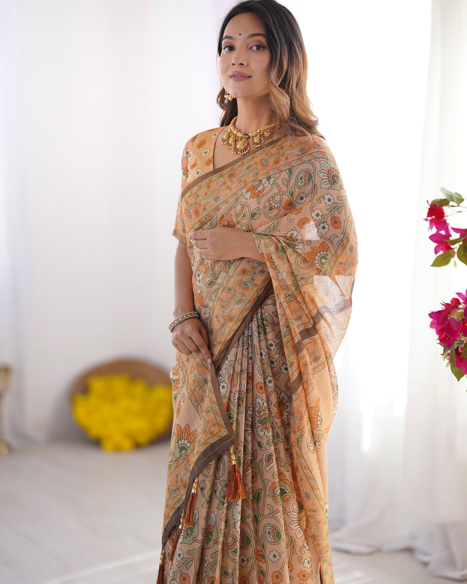 Peach Orange Pure Linen Cotton Handloom Saree with Floral Vine Print and Elegant Pallu Artwork LINEN HANDLOOM