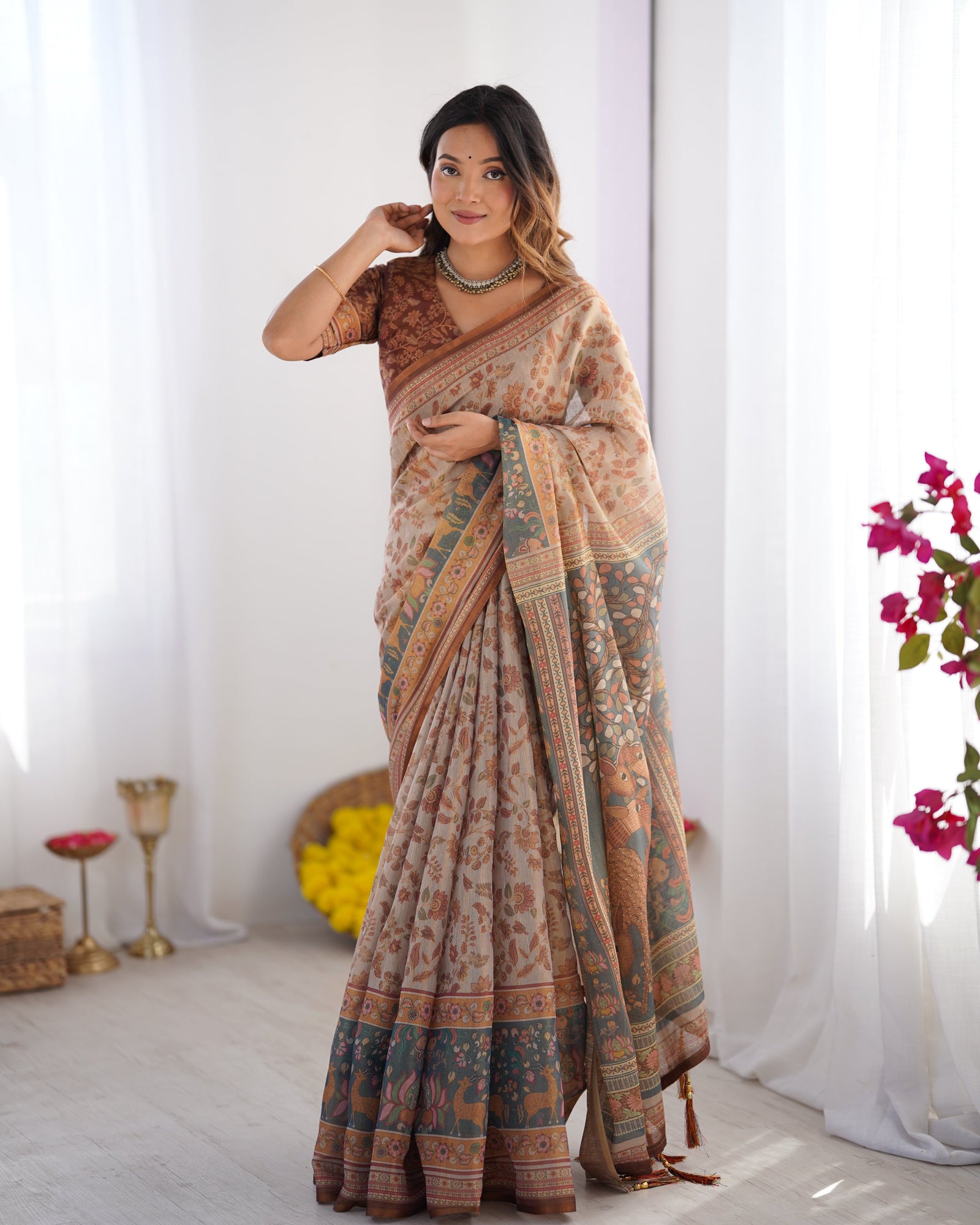 Beige & Rust Pure Linen Cotton Saree with Folk Animal Motif & Floral Print LINEN HANDLOOM