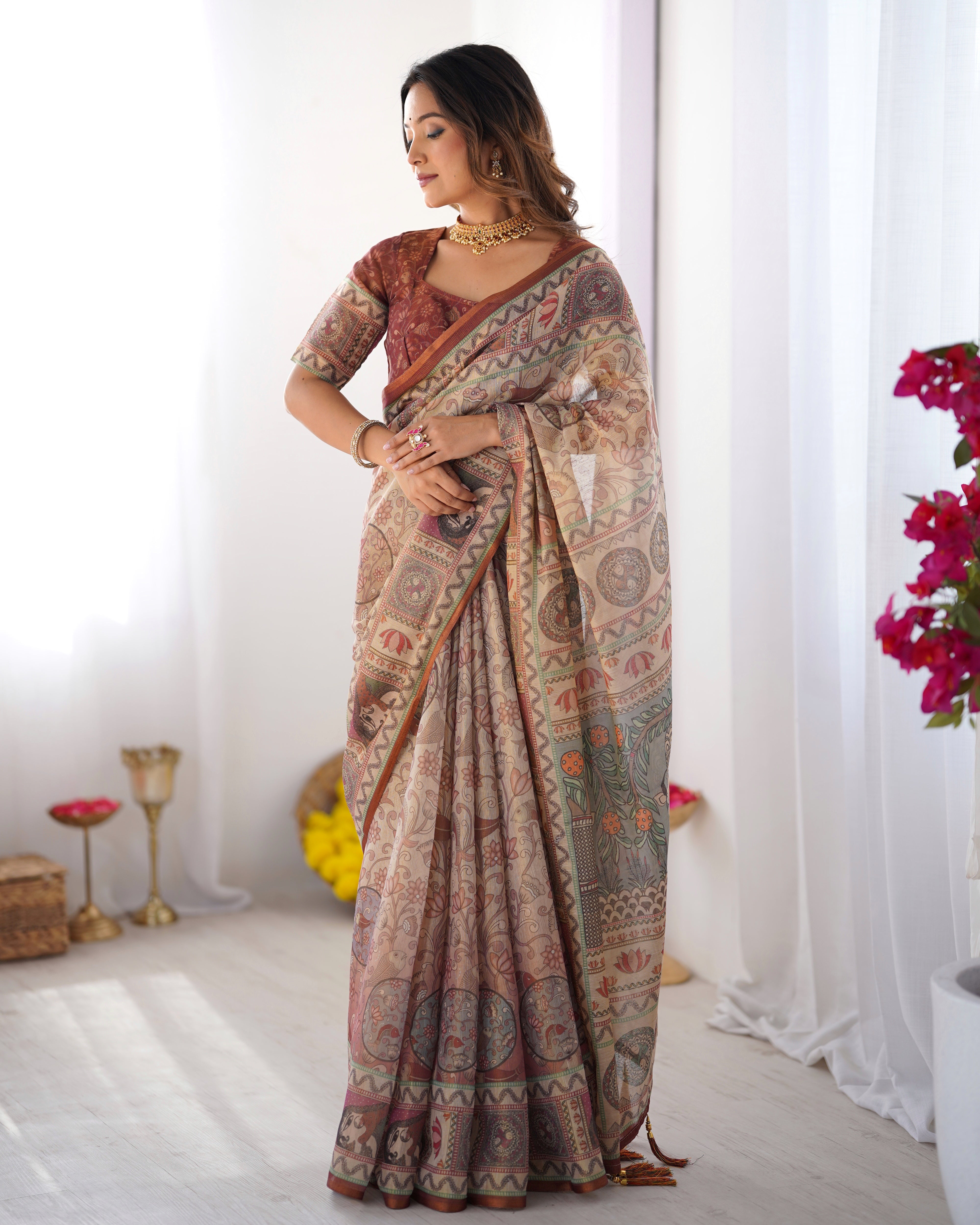 Beige & Maroon Handloom Cotton Saree with Royal Faces & Elephant Pallu Motif Secondary image