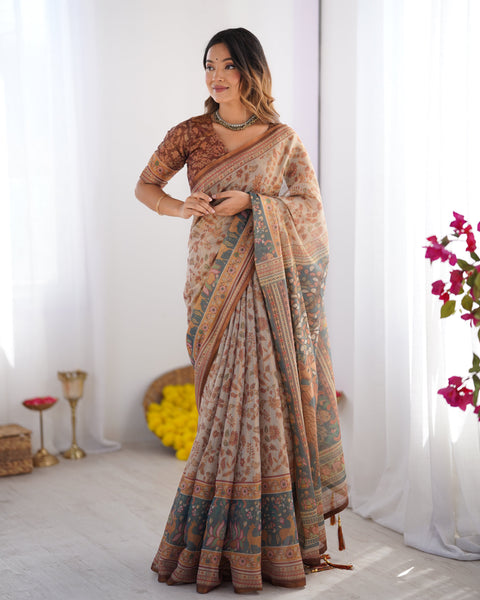 Beige & Rust Pure Linen Cotton Saree with Folk Animal Motif & Floral Print LINEN HANDLOOM Main image