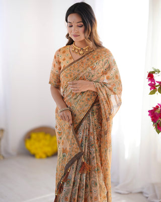Peach Orange Pure Linen Cotton Handloom Saree with Floral Vine Print and Elegant Pallu Artwork LINEN HANDLOOM