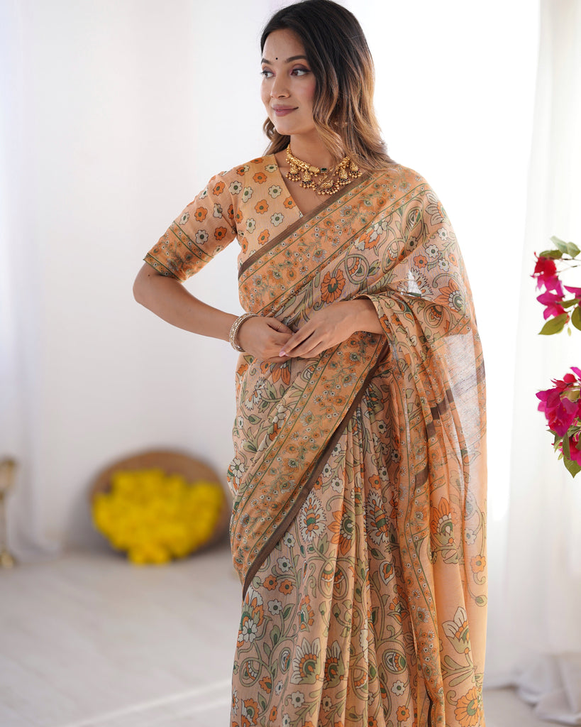 Peach Orange Pure Linen Cotton Handloom Saree with Floral Vine Print and Elegant Pallu Artwork LINEN HANDLOOM