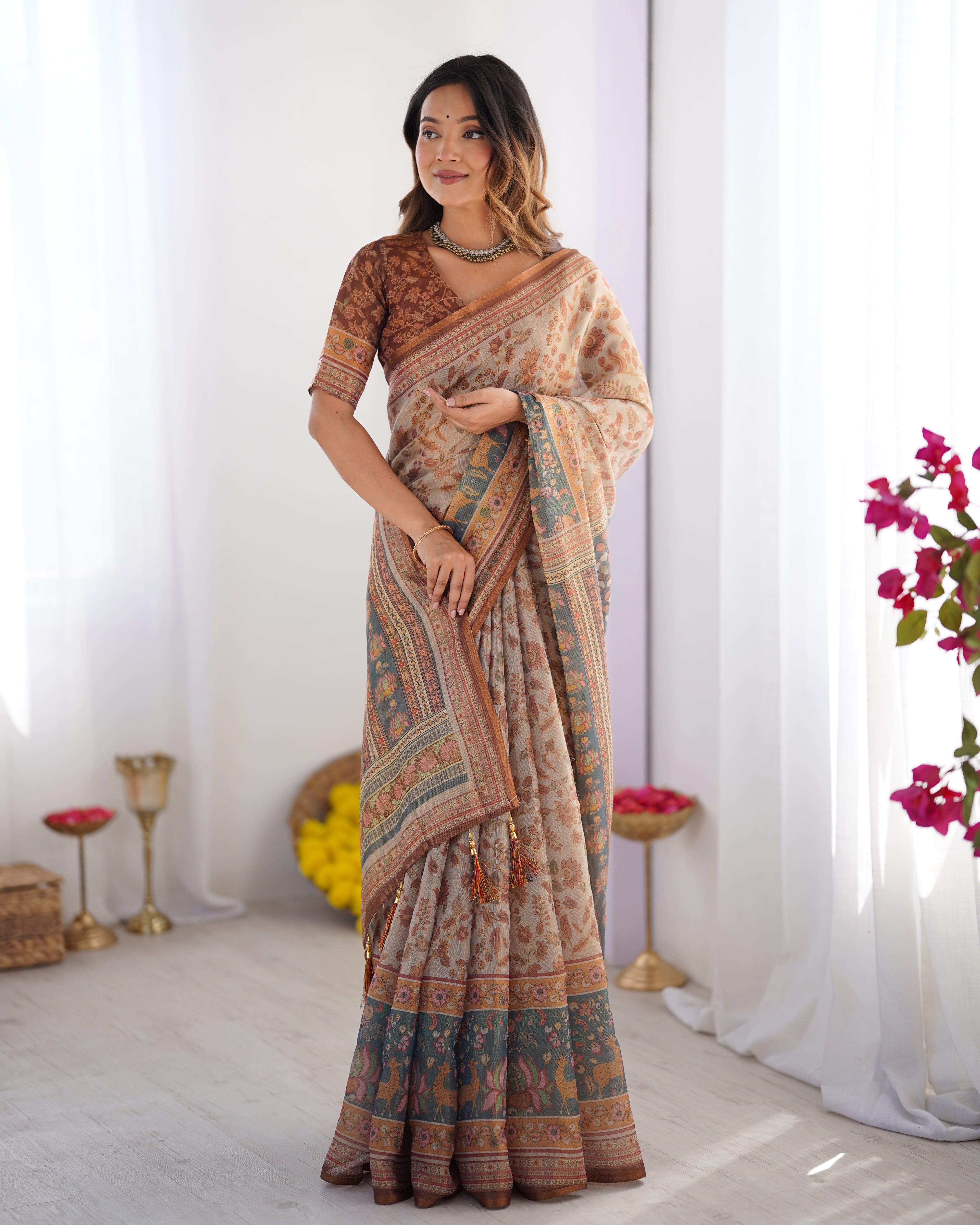 Beige & Rust Pure Linen Cotton Saree with Folk Animal Motif & Floral Print Secondary image