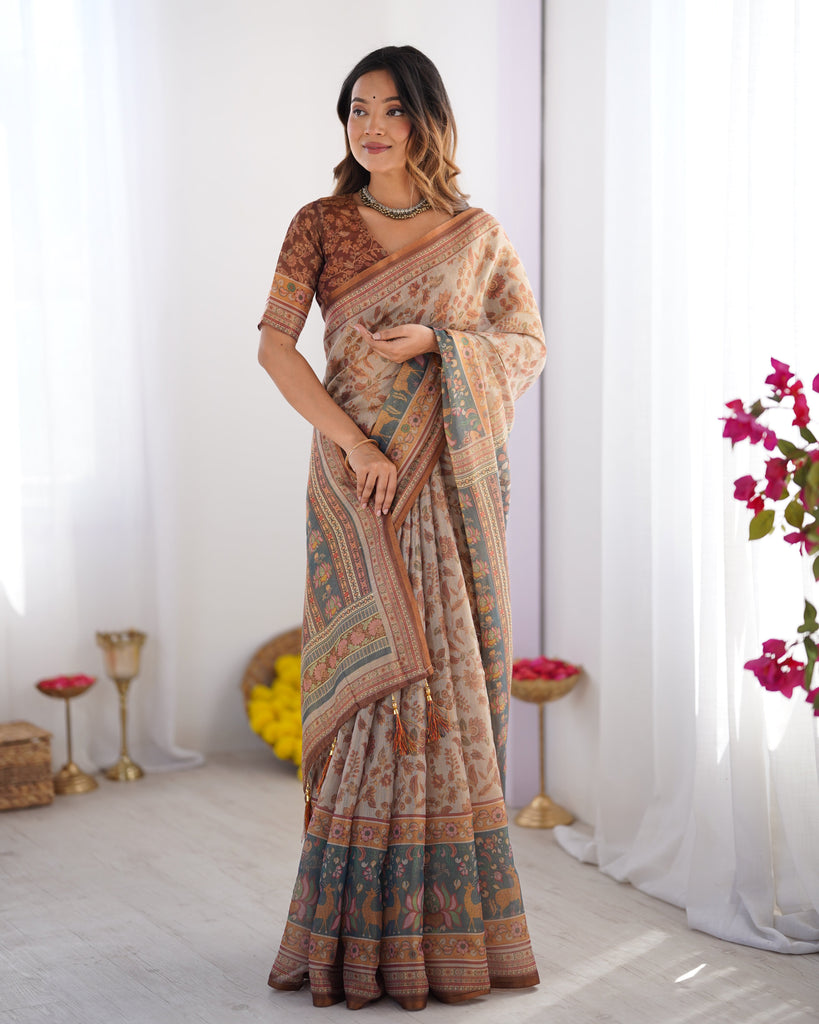 Beige & Rust Pure Linen Cotton Saree with Folk Animal Motif & Floral Print LINEN HANDLOOM