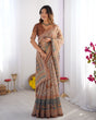 Load image into Gallery viewer, Beige &amp; Rust Pure Linen Cotton Saree with Folk Animal Motif &amp; Floral Print LINEN HANDLOOM