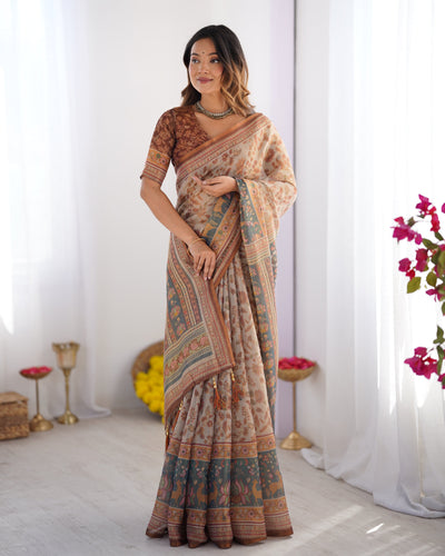 Beige & Rust Pure Linen Cotton Saree with Folk Animal Motif & Floral Print LINEN HANDLOOM