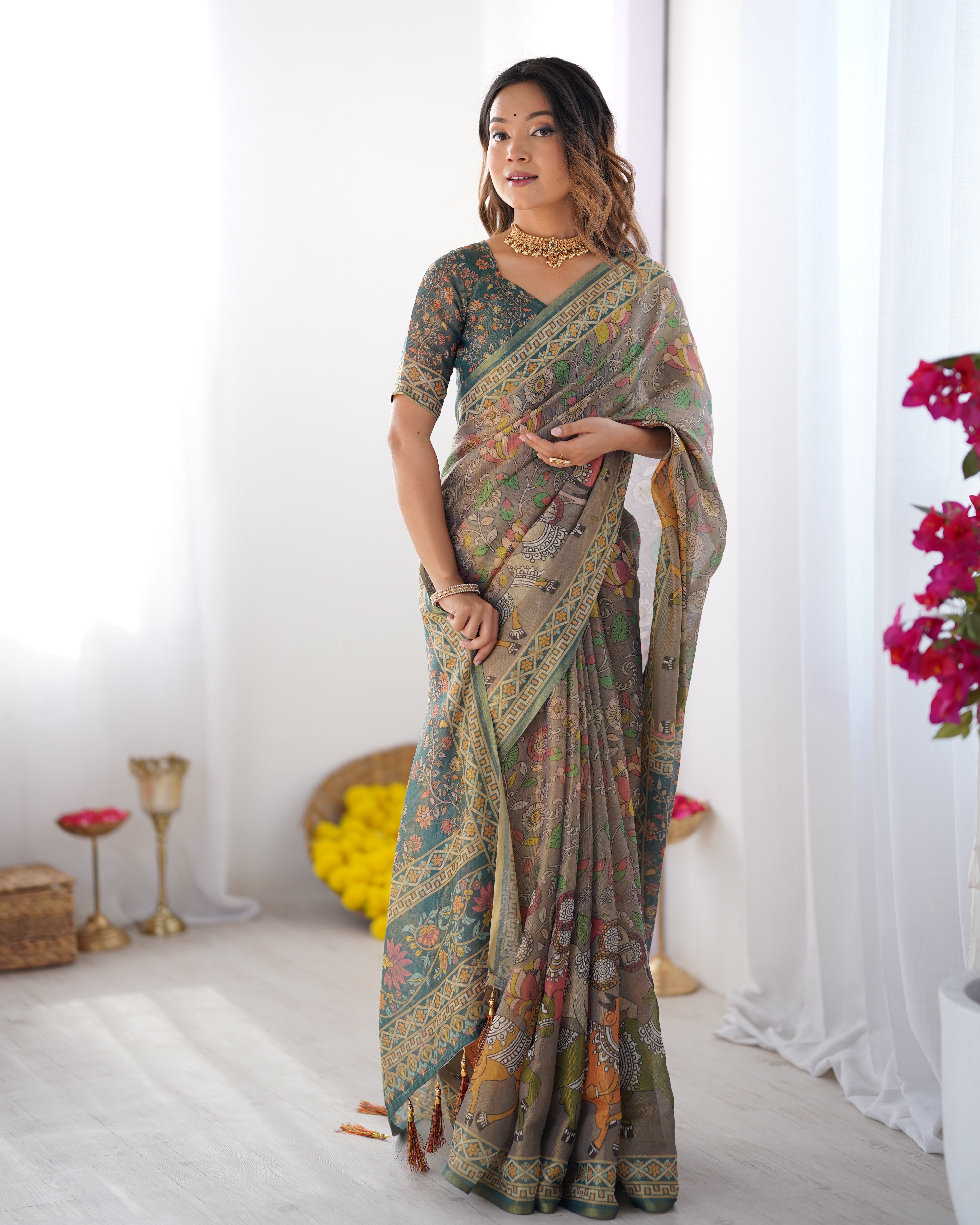 Teal Green Handloom Cotton Saree with Floral Print and Royal Elephant Pallu LINEN HANDLOOM Main image