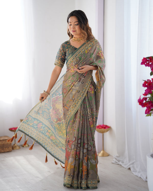 Teal Green Handloom Cotton Saree with Floral Print and Royal Elephant Pallu LINEN HANDLOOM