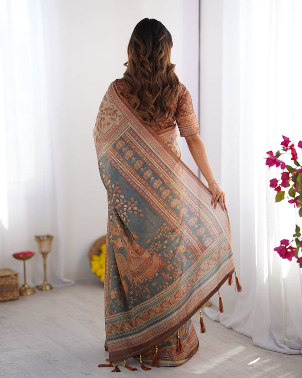 Beige & Rust Pure Linen Cotton Saree with Folk Animal Motif & Floral Print LINEN HANDLOOM