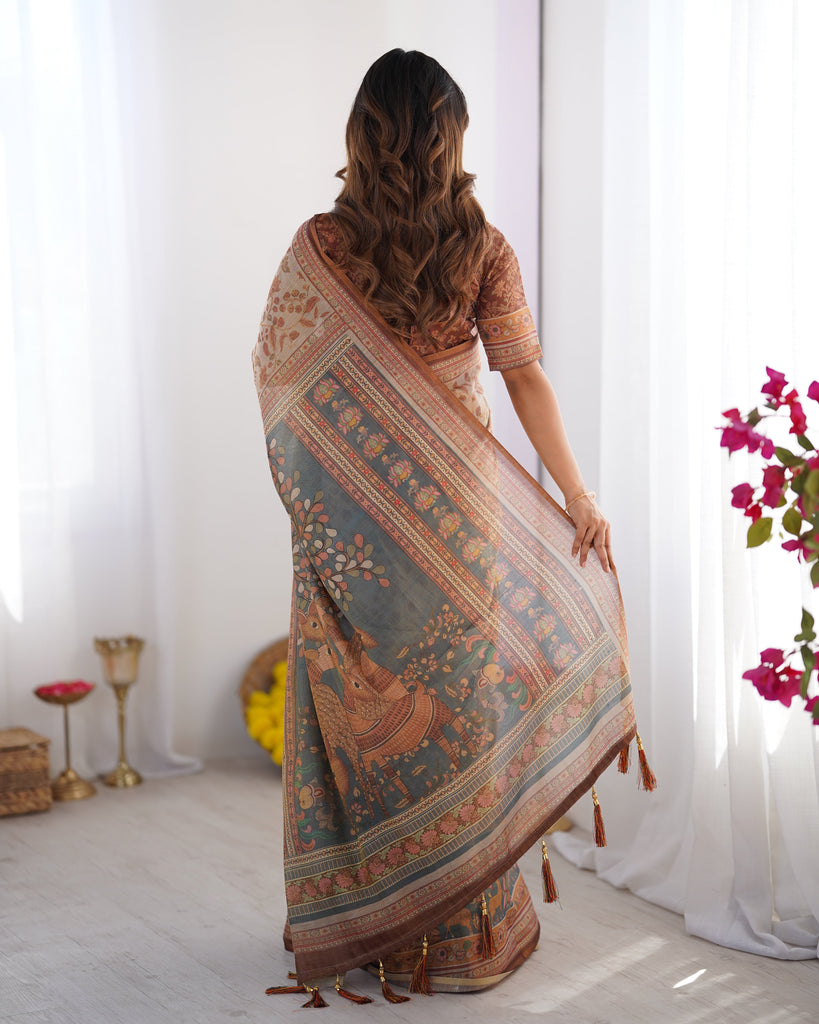 Beige & Rust Pure Linen Cotton Saree with Folk Animal Motif & Floral Print LINEN HANDLOOM